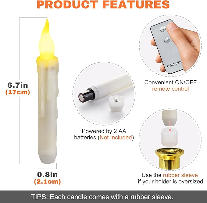 12 Pack LED Taper Candles Battery Operated with Remote, Flameless Flickering Halloween Floating Candle Lights Outdoor Electric Fake Candle Bulk for Chandelier Holder Christmas Party Decorations