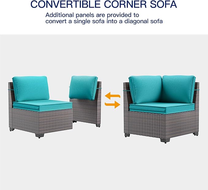 6 Pieces Patio Furniture Sets with Glass Tea Table,PE Rattan Wicker Patio Conversation Set with Washable Cushions,Outdoor Patio Sectional Furniture Set for Backyard, Poolside, Garden,Blue