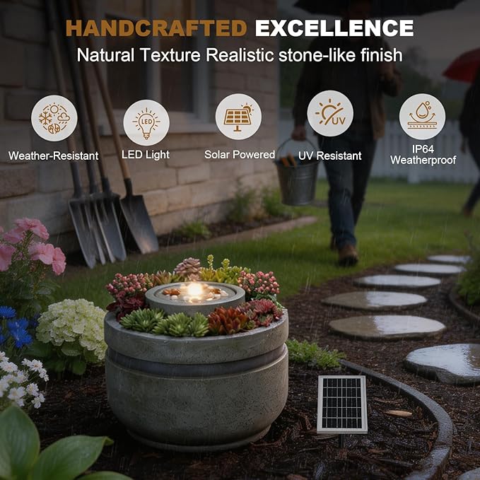 Solar Powered Outdoor Water Fountain with Succulent Planter, Round Modern Garden Fountain with LED Lights & IP64 Waterproof for Patio, Backyard, Deck, and Balcony, Zen Water Feature