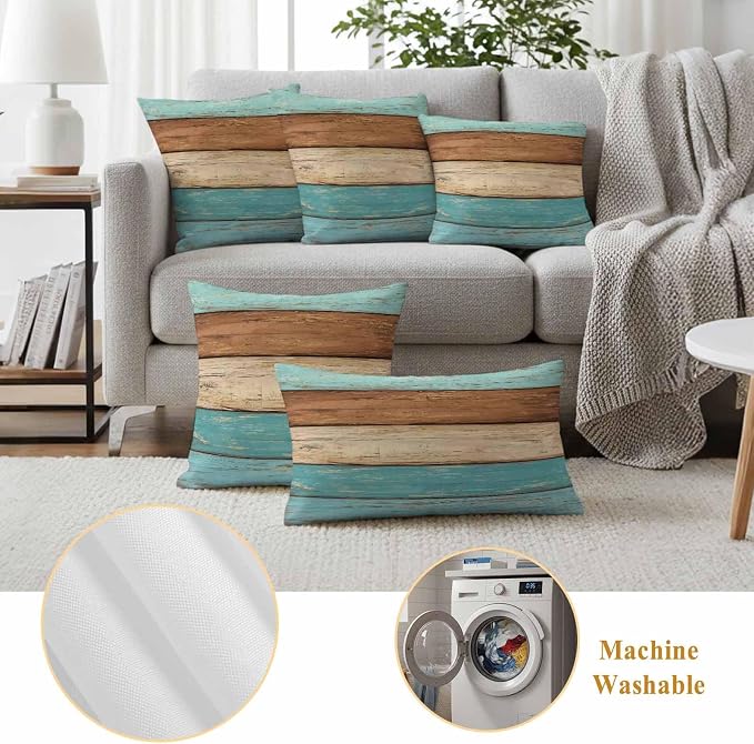 Farmhouse Aqua Brown Outdoor Waterproof Pillow Covers, Vintage Wooden Striped Decorative Square Throw Pillowcase Sofa Cushion Sham for Patio/Couch/Chair, 26"x26" 2 Pack