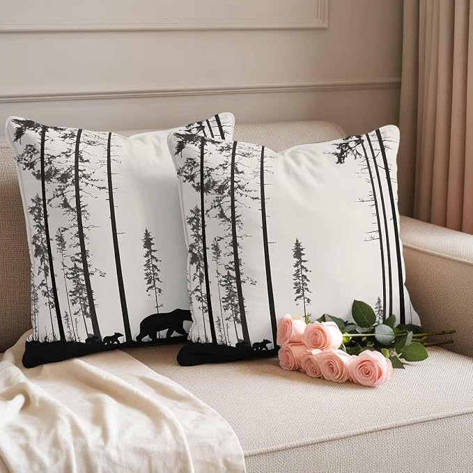 Abstract Outdoor Waterproof Throw Pillow Covers Set of 2, 20"x20", Animal Bear Family Forest Trees Silhouette Decorative Pillow Covers Outside Cushion Case for Patio Porch Garden