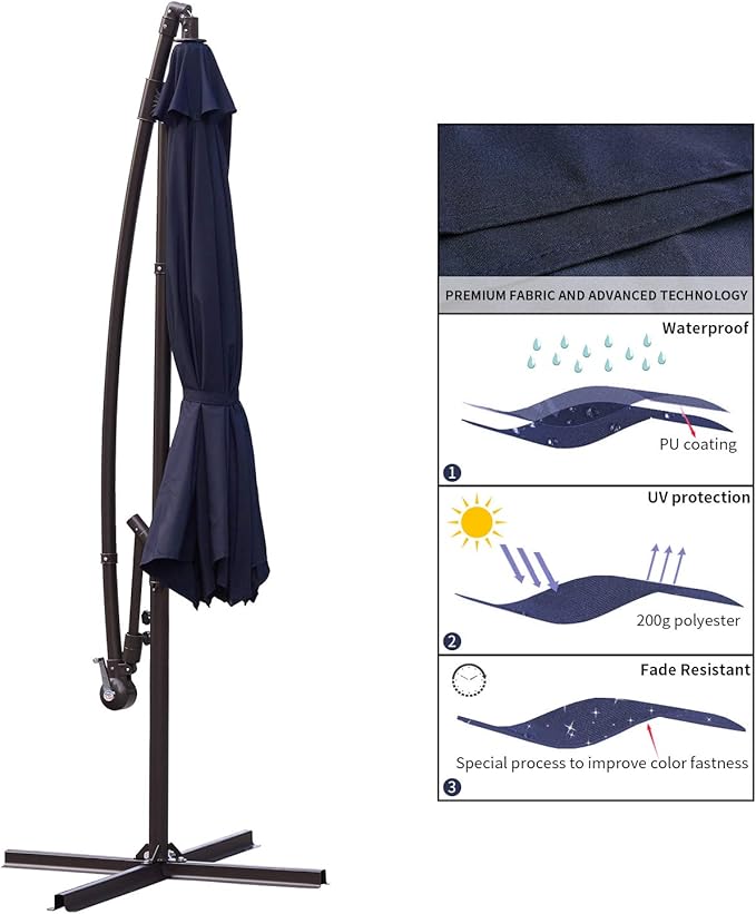 JEAREY Patio Umbrella 10 Ft Offset Cantilever Umbrella Outdoor Market Hanging Umbrellas & Crank with Cross Base, 8 Ribs(Navy Blue)