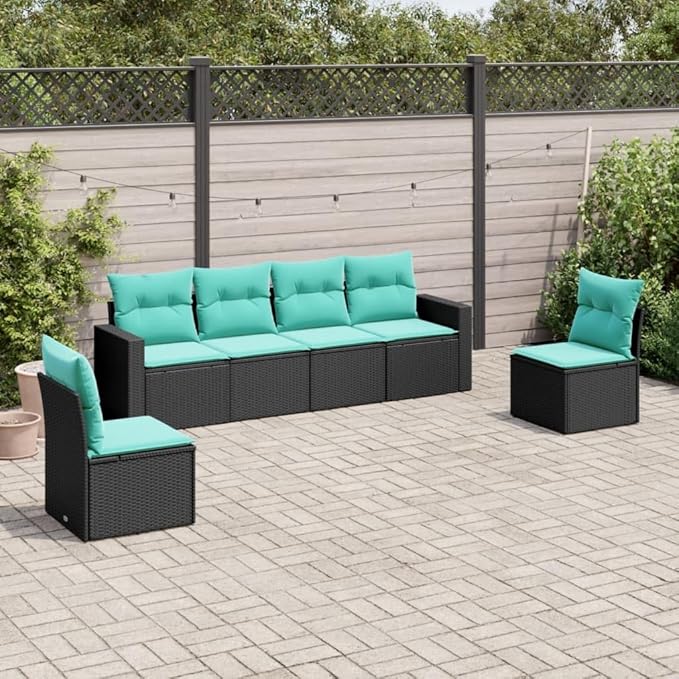 6 Piece Patio Sofa Set with Cushions, Garden Lounge Set Patio Conversation Set Sectional Sofa Outdoor Sofa Sets for Piazza Garden Poolside Exhibition Black Poly Rattan