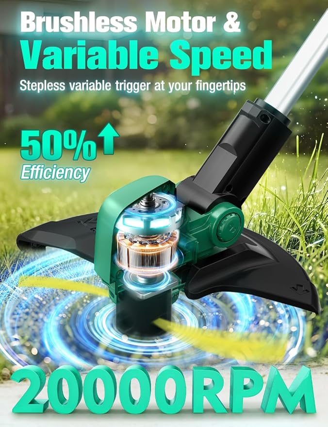 KIMO Cordless Weed Wacker Battery Operated w/ 2 x 2.0Ah Batteries, 12" Weed Eater w/10Pcs Dual-Sided Cutting Lines & Rapid Reload, 2-in-1 String Trimmer & Edger with Wheels, 20V Grass Trimmer for Lawn