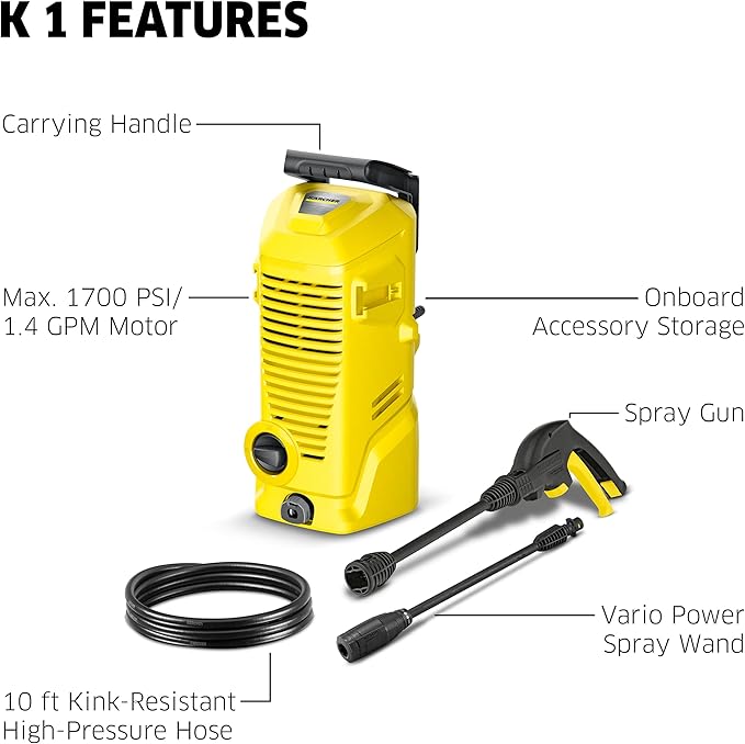 Kärcher K 1 Electric Pressure Washer, Foam Cannon, Spray Gun, Vario Power Spray Wand and Hose - Compact Design and Lightweight, Power Washer 1700 PSI - 1.45 GPM