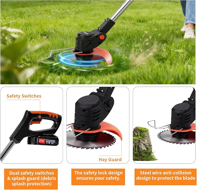 Weed Wacker，Electric Weed wackers with 2pcs 21V Batteries, Cordless Weed Wacker with 3 Different Types of Blades, String Trimmer, Weed Eater Battery Operated Suitable for Lawn, Garden and Villa