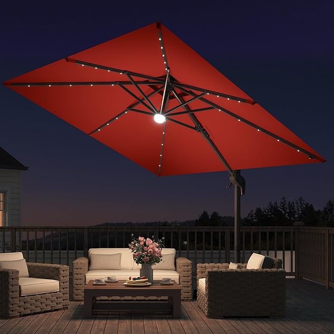 JZAC & QZYD 9x9 FT Outdoor Cantilever Patio Umbrella with Base Included and Solar LED Lights, Large Heavy Duty 2-Tier Square Aluminum Offset Umbrellas with 360-Degree Rotation for Pool Deck, Red
