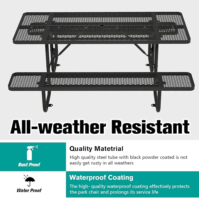 72'' Rectangular Steel Picnic Table for Outdoors,Commercial Metal Picnic Table with Umbrella Hole, Heavy Duty Sturdy Picnic Tables Furniture Set for Patio Garden Courtyard BBQ, Black