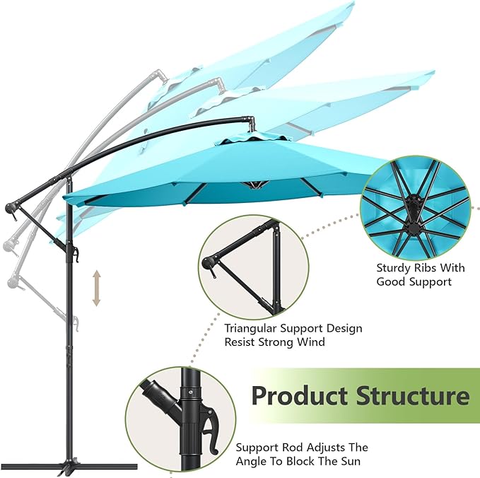 10FT Patio Umbrella, 360° Rotation Offset Cantilever Umbrella with Crank Tilt Fabric Canopy, UV & Water Resistant Outdoor Shade Hanging Umbrellas for Pool Deck Backyard Garden