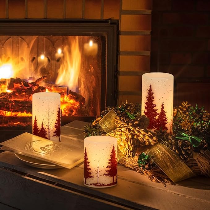 Wondise Flickering Flameless Candles with Timer, Battery Operated Real Wax Warm Light Red Christmas Tree Decal Candle for Home Decoration Christmas Gifts, Set of 3(D3 x H4/5/6 Inch)