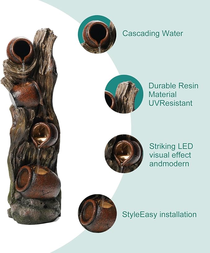 35" Outdoor Water Fountain - Durable Polyresin Tree-Jar Style Waterfall with LED Lights & Adjustable Pump, Serene Water Fountain Outdoor for Garden, Patio, Deck, and Backyard Decor (35.63")
