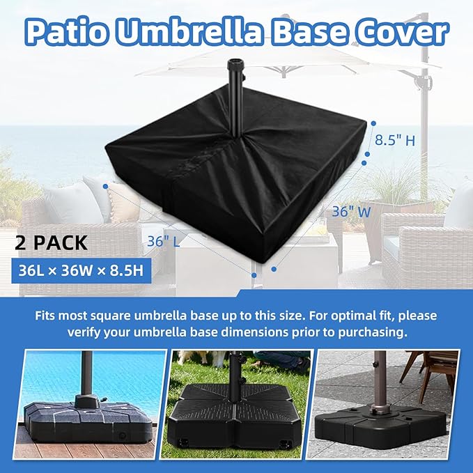 Patio Umbrella Base Cover 2 Pack Heavy Duty 600D Polyester Waterproof Outdoor Offset Umbrella Stand Base Covers 36"L x 36"W x 8.5"H UV-Resistant Anti-Fade Outdoor Umbrella Base Cover Square (Black)
