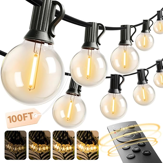 addlon Outdoor String Lights 100FT G40 with Remote 54 LED Shatterproof Bulb | Dimmable Patio Globe Lights Waterproof, Hanging Outside Lighting for Backyard, Garden, Deck, Balcony, Porch, Café, Decor