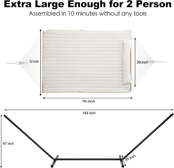 GAFETE 2 Person Hammock with Stand for Outside, 52inch Double Cotton Rope Hammock with Polyester Pad, Heavy Duty Steel Stand, Large Removable Pillow, Storage Bag, Max 475 lbs Capacity (Cream with Pad)