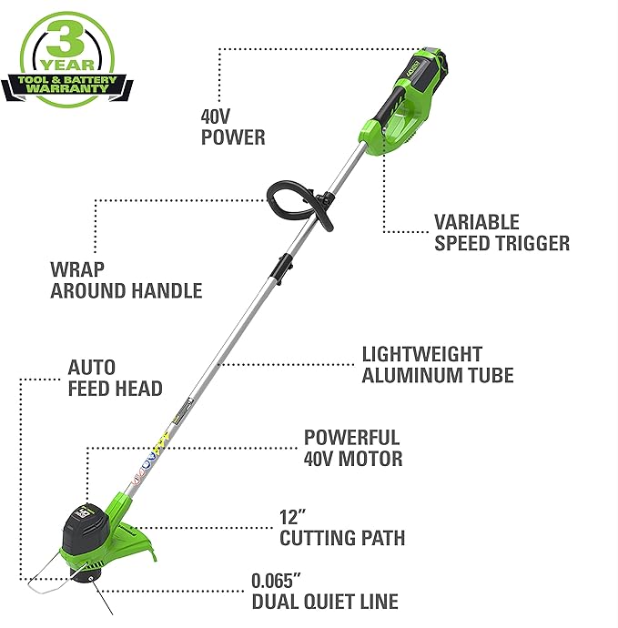 Greenworks 40V (120 MPH / 450 CFM) Cordless Axial Blower, 4Ah USB Battery (USB Hub) and Charger Included BL40B411 with 40V String Trimmer