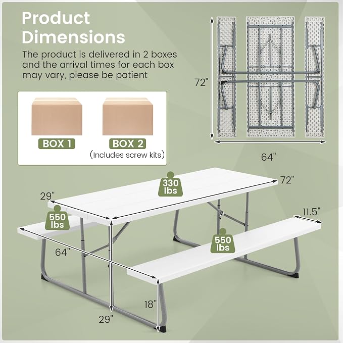 Giantex Folding Picnic Table - 6 FT Outdoor Table Bench Set for 8 Persons w/All-Weather HDPE Tabletop, Metal Leg, Umbrella Hole, Large Outside Dining Table for Patio Garden Yard Poolside (White)