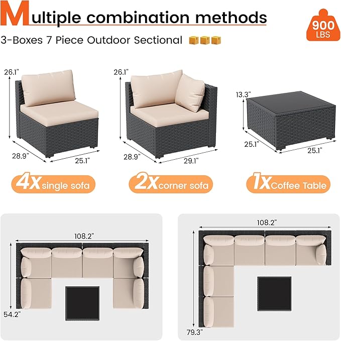 Patio Furniture Set, 7-Piece Outdoor Sectional All-Weather Wicker Patio Conversation Set for Backyard, Garden, Beige