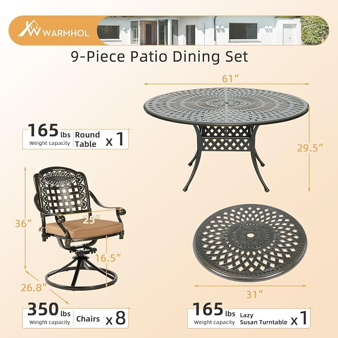 9-Piece Patio Furniture Dining Set, Cast Aluminum Outdoor Conversation Set- 61" Round Patio Dining Table with Detachable Lazy Susan & 8 Cushioned Swivel Rocker Chair, 2" Umbrella Hole, Khaki