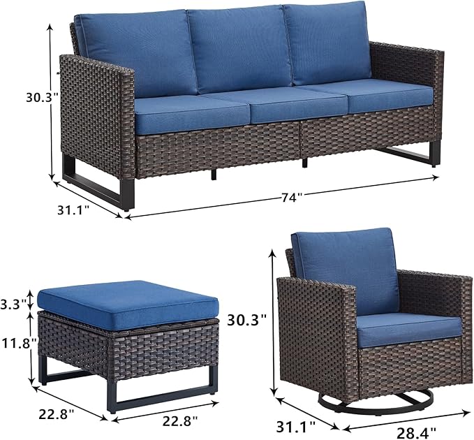 Rilyson Wicker Outdoor Patio Furniture Set - 5 Piece Patio Conversation Set with 2 Swivel Rocker Chairs,2 Rattan Ottoman and 1 Couch for Outside Porch Deck Backyard Garden(Brown/Blue)