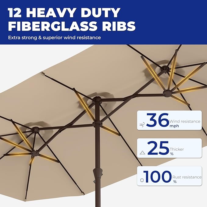 BRIOPAWS 15-FT-Large-Patio-Umbrella-with-Base | Double-Sided | Outdoor Table Umbrellas | w/Crank Handle | 12 Sturdy Fiberglass Rib | UV-Protection | for Garden Deck Backyard Pool | Tan
