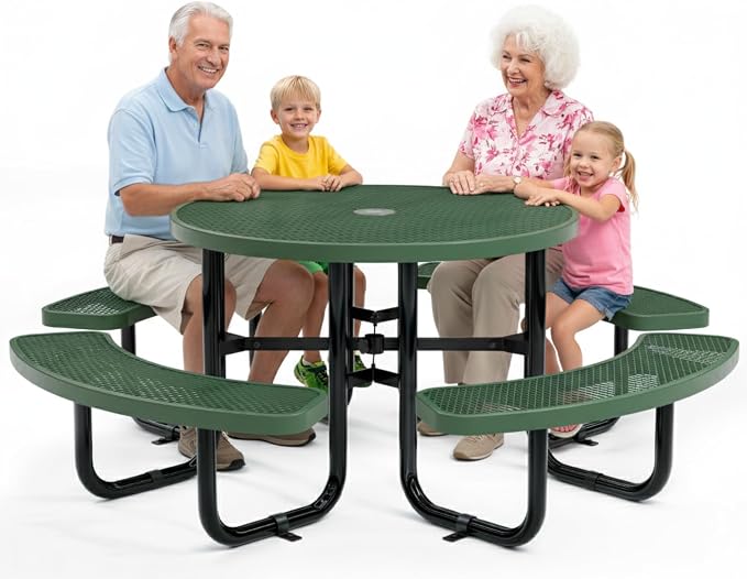 Metal Picnic Tables for Outdoors with Umbrella Hole - Coated Steel Heavy Duty Commercial Grade Furniture Set with Adjustable Seats (Green, 46 in, Round, Expanded Steel)
