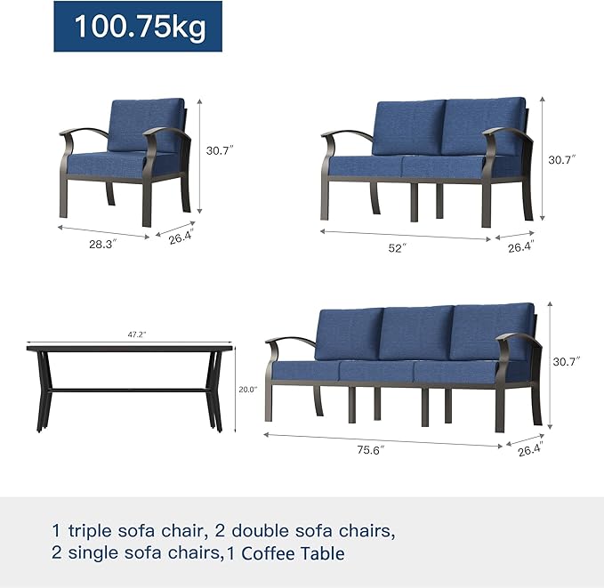 Kullavik Aluminum Patio Furniture Set with Rectangular Coffee Table,7-seat Metal Outdoor Sectional Furniture w/5.1" Cushions,Patio Conversation Sets for Garden,Backyard,Porch-Navy Blue