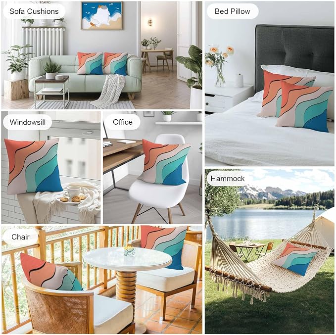 Orange Teal Ombre Outdoor Pillow Covers 18x18 Inch Throw Pillow Covers Set of 2 Waterproof Decorative Pillow Cases Modern Moire Abstract Art Cushion Covers for Patio Furniture Garden Couch Sofa