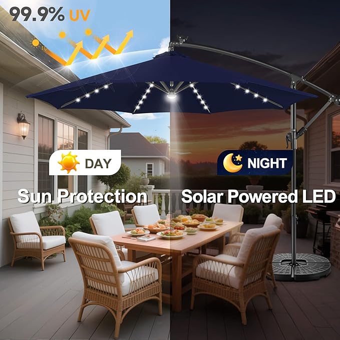 Solar Offset Patio Umbrella - 10 FT Solar Cantilever Umbrella Outdoor with 40 LED Lights and Cross Base, UV Protection for Garden, Deck, Backyard, Pool, Porch, Navy Bluery