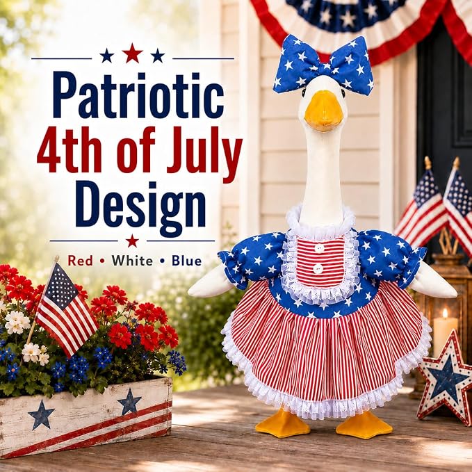 4th of July Porch Goose Outfits for 23 Inch Goose Statue, Patriotic Red White and Blue Porch Goose Dress with Star Bow, Summer Sculpture Clothes for Independence Day Garden Patio Decor