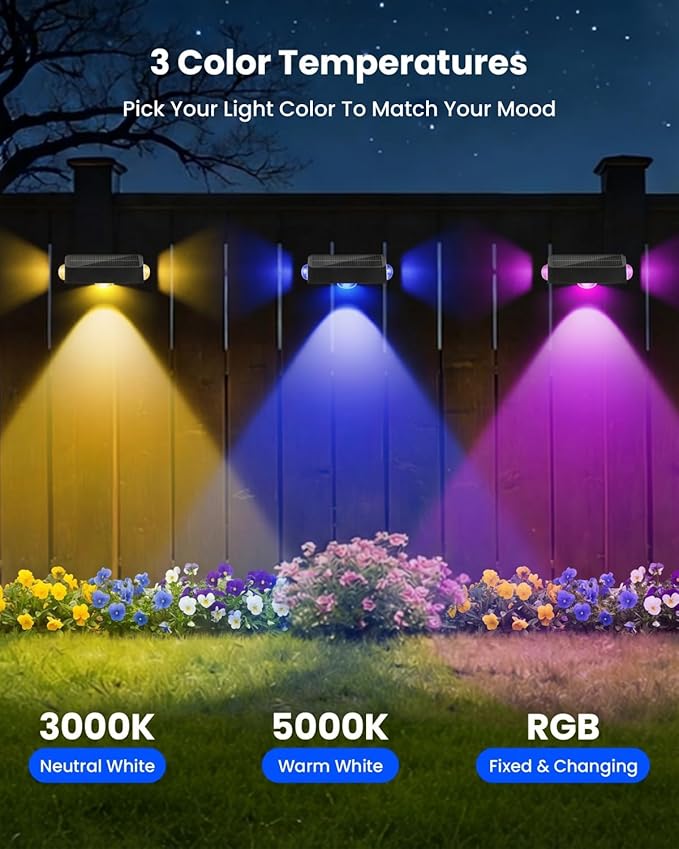 BUNEE Waterproof Solar Fence Lights Outdoor 8 Pack 12 RGB Color Changing Mode Decorative LED 3-Sided Solar Powered Landscape Wall Lighting, Decor for Outside Patio Step Backyard Deck Railing Pool