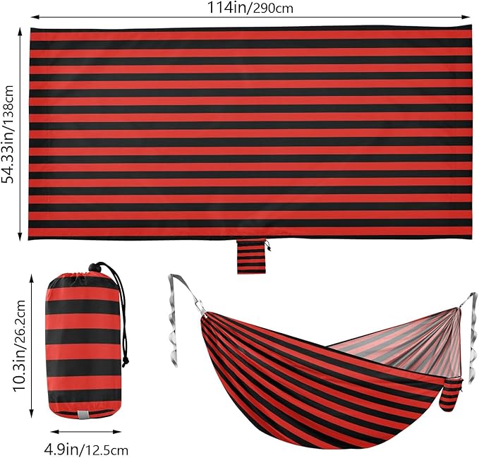 Camping Hammock Outdoor Hammocks for Outside Black Red Stripe Beach Trees Portable Lightweight with Pockets Tree Straps Indoor