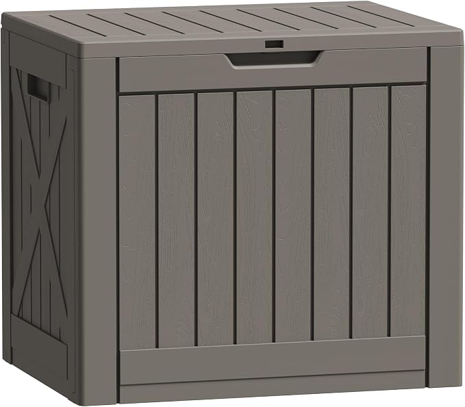 Flamaker Resin Deck Box 40 Gallon Waterproof Outdoor Indoor Storage Box Imitation Wood Resin for Patio Furniture Garden Tools and Pool (Deep Brown)
