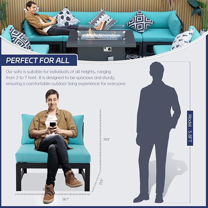 BULEXYARD 8 Person Modern Aluminum Outdoor Patio Furniture Set with Fireplace, 29 inch Wide Deep Seating, Fade Resistant L-Shaped Sectional Couch, Plus Size Conversation Set for Backyard Terrace, Teal