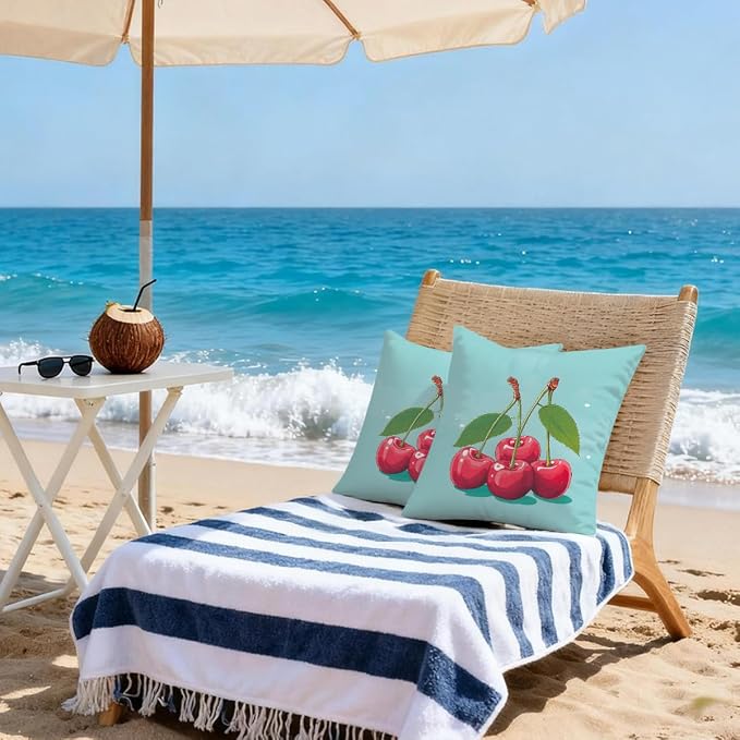 22x22 Inch Outdoor Pillow Covers Set of 2 Waterproof Throw Pillow Covers Decorative Couch Cushion Covers Cherry Cute Square Pillowcases Protectors for Patio Garden Sofa