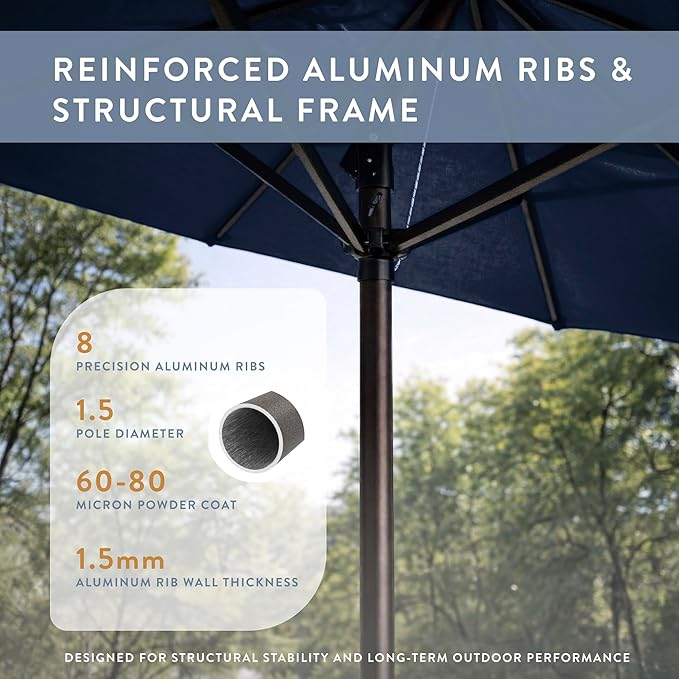 California Umbrella 12-Year Protection 9-Ft Outdoor Patio Umbrella, Sunbrella Fade-Resistant Fabric, Auto-Tilt, Heavy Duty Aluminum Frame, 8 Reinforced Ribs for Pool or Deck, Bronze Pole, Navy Blue