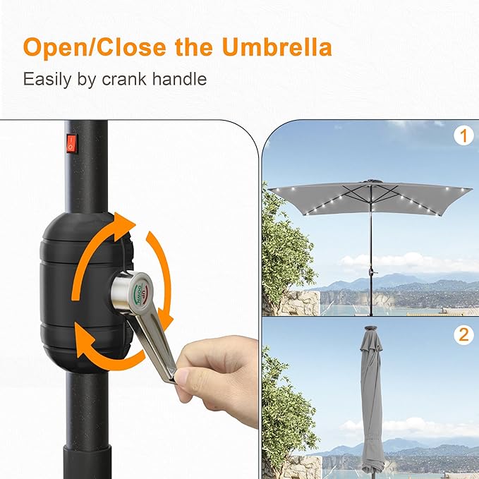 Rectangle Patio Umbrella with Solar Lights, 6x9ft Outdoor Rectangular Table Market Umbrella Patio with Push Button Tilt and Crank for Pool, Deck, Garden,Backyard