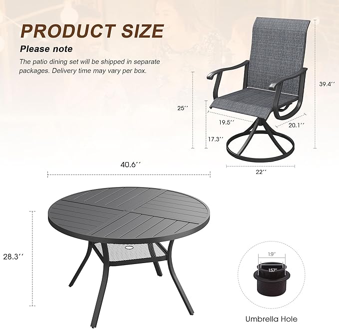 VICLLAX Patio 5 Pieces Outdoor Dining Set, 40.6" Round Metal Table with Umbrella Hole and Storage Shelf, 4 Swivel Textilene Chairs for Lawn, Garden, Porch, Black/Dark Grey