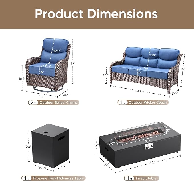 HUMMUH Luxury Patio Furniture Set 6-inch Thick Cushions High Back Swivel Rocker Chairs & 3 Seater-Couch & Steel Fire Pit Table 5 Pieces Outdoor Conversation Set for Porch,Deck,Backyard