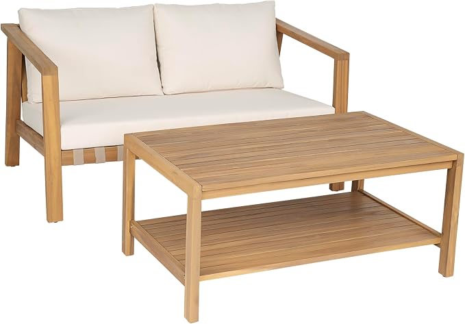 Christopher Knight Home Kayim Patio Loveseat Coffee Table Set with Woven Rope Backrest, Acacia Wood Outdoor Furniture Set, Outdoor Conversation Sofa Chat Set for Backyard Deck, Light Teak+Beige