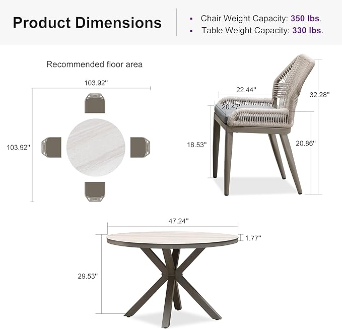 PURPLE LEAF 5 Pieces Round Dining Set Patio Aluminum Modern Oversize Round Table and Wicker Chairs with Cushions for Kitchen Porch Garden Outdoor Furniture Sets, Light Grey
