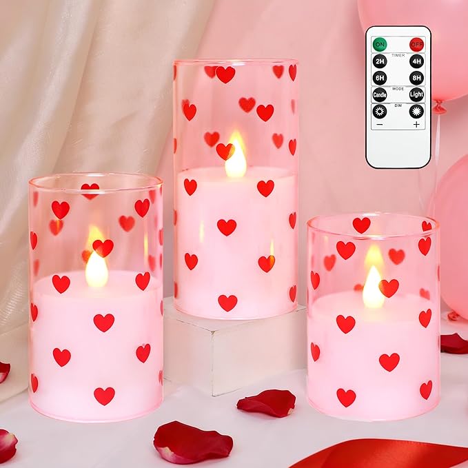 Silverstro Love Flameless Candles with Remote Timer, Glass Battery Operated Candles, Pink Spray-Painted Heart LED Candles for Home Party Wedding Valentine's Day Decor Set of 3