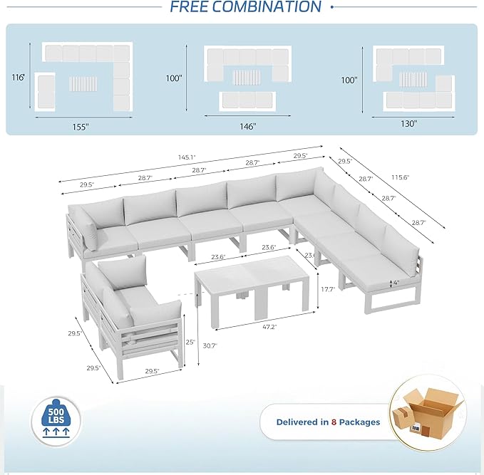 NICESOUL 10 Seat Large Luxury Aluminum Patio Conversation Set with Side Table, 29" Deep Wide Seating, Modular Sectional Couch, 500 lbs Heavy Duty All Weather Outdoor Sofa for Backyard Deck, Light Grey
