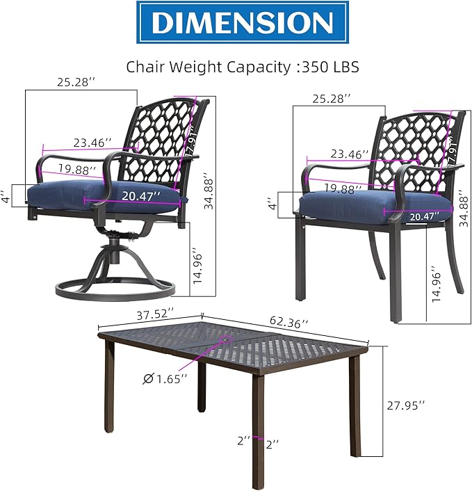 Domi 7 Pieces Patio Dining Sets All-Weather Metal Outdoor Modern Dining Sets with Table for Lawn Garden Backyard Deck with Cushions-Blue