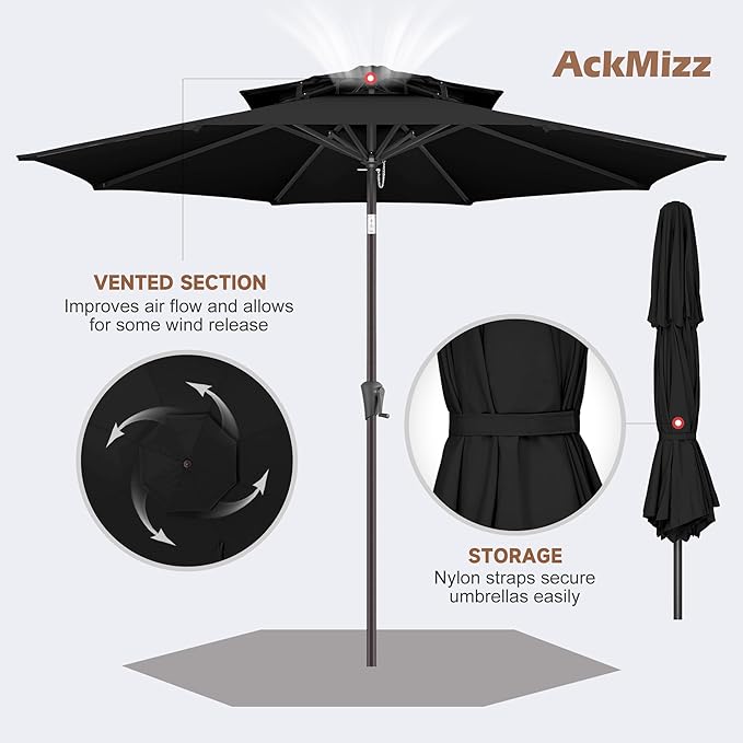 9ft Outdoor Patio Umbrella - 2-Tier Table Umbrella Waterproof UV Protection, Sombrillas de Patio with Push Button Tilt, Sun Umbrella for Pool, Porch, Garden, Backyard (Black)