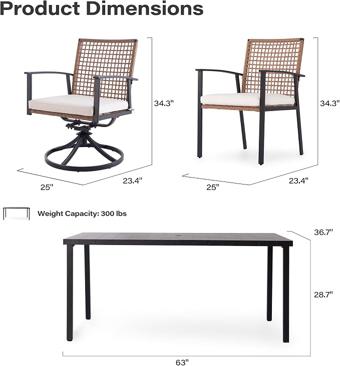 LAUSAINT HOME 7 Pieces Patio Dining Set, Outdoor Furniture Set of 6 Wicker Chairs (2 of Them Swivel) with Soft Cushion and Iron Slats Table Top with Umbrella Hole, Conversation Set for Backyard