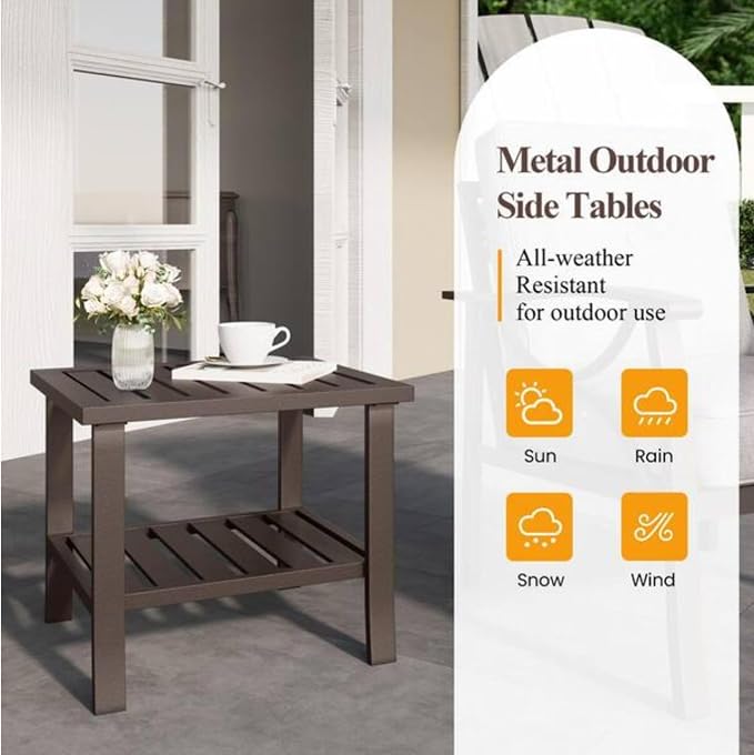 Penau 19 Inchs Square Metal Outdoor Side Table, 2 Tier Powder Coated Steel End Table, Slatted Top for Quick Drainage, Compact Patio Accent Table 19 x 19 x 18 Inchs, Brown