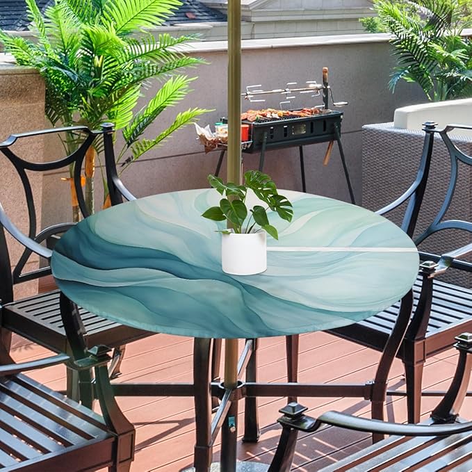 Fitted Round Tablecloth with Umbrella Hole and Zipper Abstract Teal Blue Outdoor Elastic Table Cloth 36"-44" Oil-Proof Waterproof Texture Patio Table Cover for Party Outdoor