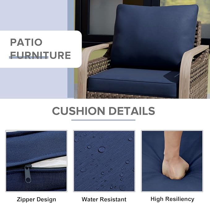 COOS BAY Modern Wicker Outdoor Furniture Set, 6 Piece Patio Conversation Set with 2 Patio Chairs, a 3 Seat Couch, 2 Ottomans and Coffee Table, 6 Piece, Brown/Blue