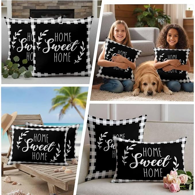 Home Sweet Home Waterproof Outdoor Pillow Covers Set of 2 Home Decor, Leaves Black Buffalo Plaid Pillowcase Patio Pillow Covers for Couch Bench Patio Furniture Garden 24x24in