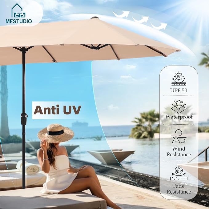 MFSTUDIO Outdoor Dining Set with Umbrella, Patio Dining Set for 6, Outdoor Furniture Set with Rectangular Table & Textilene Chairs & Beige Umbrella (Base not Included)